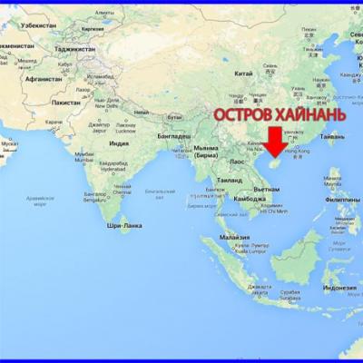 Harta e Hainan në Rusisht Harta e vendpushimit Sanya në Hainan