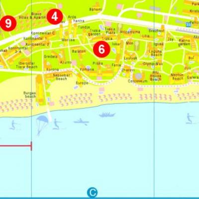 Detailed map of Sunny Beach - streets, houses, districts